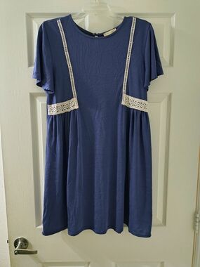 Cute Altar'd State Indigo Short Sleeve Dress with Lace Detail